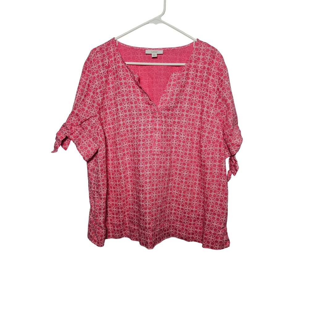 Charter‎ Club Luxury Linen Women's VNeck Bouse Pink White XXL Sleeve Bows